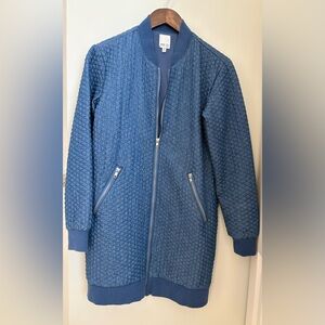 MPD Quilted Long Bomber Jacket in Denim Blue Front Zip Closure Sz:S
